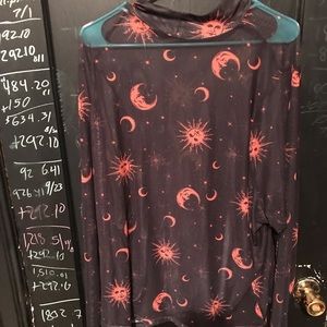 Red mesh sun and moon mock neck shirt